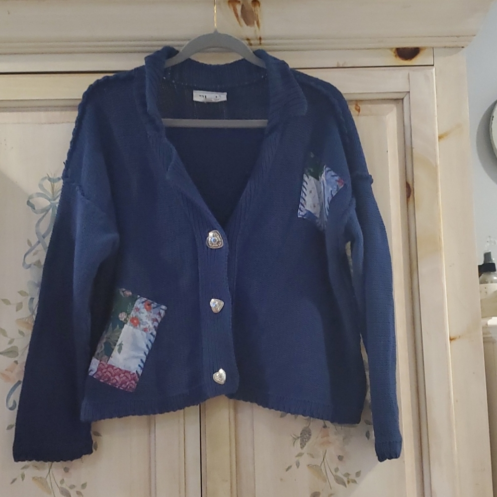 Elaris Sweater Cardigan Patchwork Design Navy S/M/L